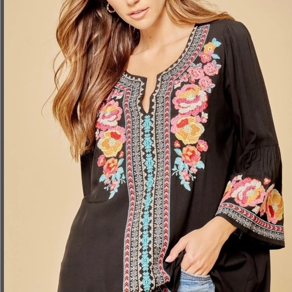 Altar’d State women’s black blouse with embroidered bell‎ sleeves, size medium - Picture 1 of 8